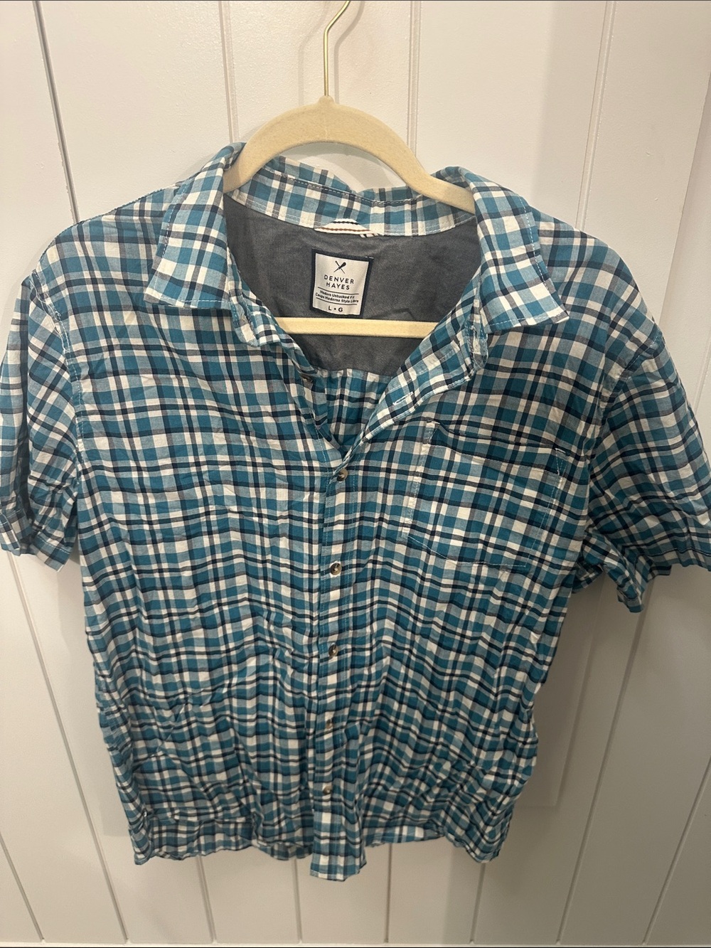 Denver Hayes Teal and White Plaid Short-Sleeve Button-Down Shirt